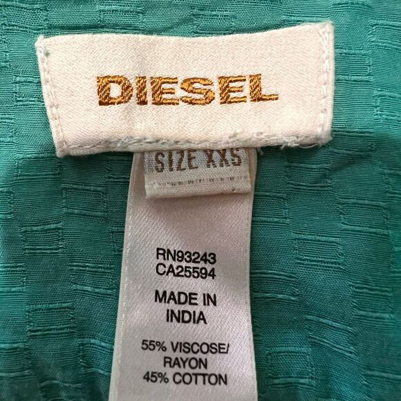 Diesel Y2K Textured Button Front Blouse XXS Green Cap Sleeve Contrast Trim 00s - Picture 6 of 11